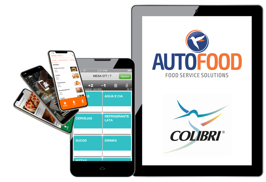 Tablet com os logos AutoFood e Colibri, celular com o Colibri mobile na mesa 077 e três celulares com o app de autoatendimento